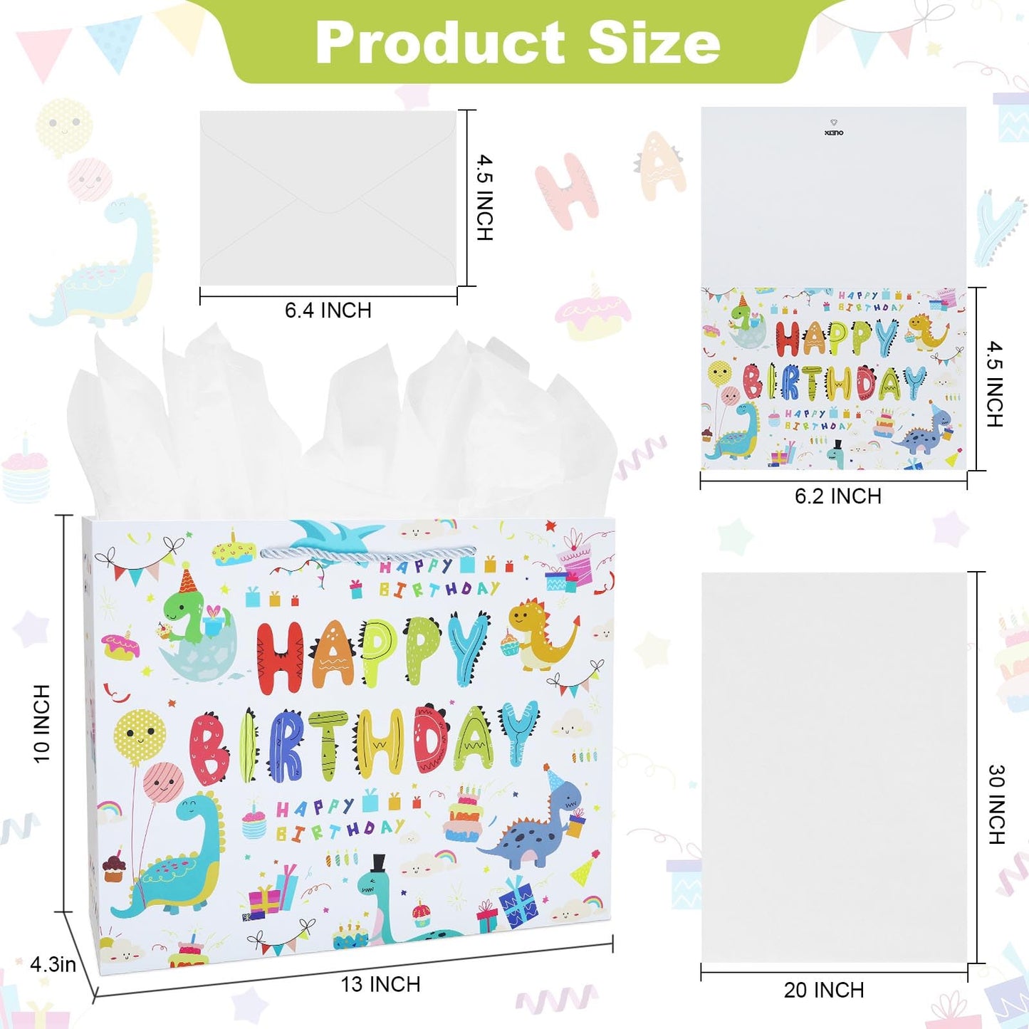 Oletx 13" Dinosaur Gift Bags with Handle,Happy Birthday Party Favor Wrapping Bags with Tissue Paper Greeting Card