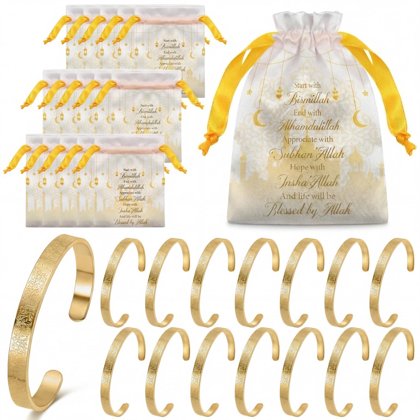 Tondiamo 15/30 Set Eid Al-adha Ayatul Kursi Bracelets Bulk Ramadan Eid Mubarak Gifts for Women Muslim Quran Allah Bangle Arabic Calligraphy Cuff Bracelet Islamic Jewelry with Bag for Party