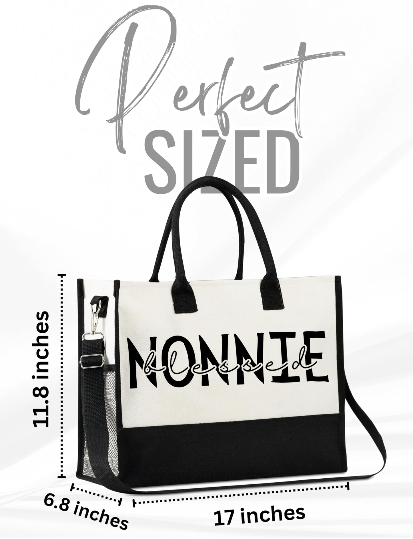 InnoBeta Nonnie Gifts for Grandma, Canvas Tote Bag on Christmas or Birthday & Mother's Day, Tote with Top Zipper Closure and Shoulder Strap - Blessed Nonnie