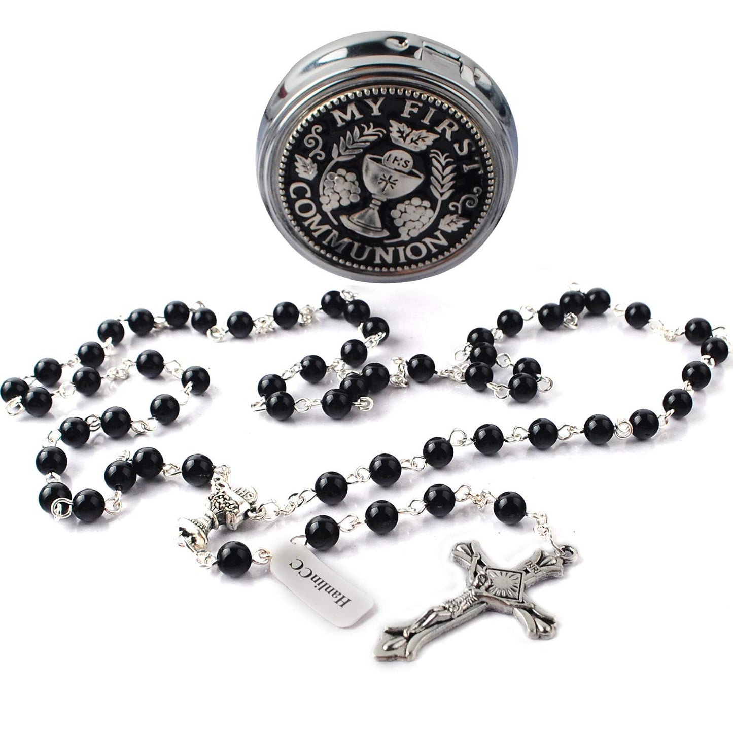 HanlinCC 6mm Glass Pearl Prayer Beads First Communion Rosary with Chalice Center Piece and Crucifix in Anti-Silver Plated Pack in Holy Cup Metal Gift Box