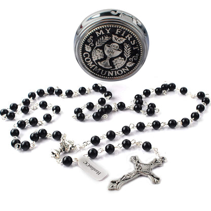 HanlinCC 6mm Glass Pearl Prayer Beads First Communion Rosary with Chalice Center Piece and Crucifix in Anti-Silver Plated Pack in Holy Cup Metal Gift Box