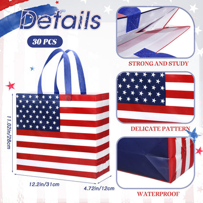 Abbylike 30 Pcs American Flag Gift Bag Large 4th of July Patriotic Shopping Bag with Stars and Stripes Reusable Non Woven Tote for Independence Day Birthday Party Supplies, 12.2 x 11.02 x 4.72 Inches