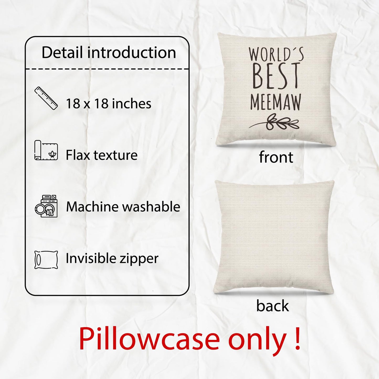 Meemaw Gifts Pillow Covers 18x18, Best Grandma Gifts for Birthday Mother's Day from Grandchildren, World's Best Meemaw Decorative Throw Pillow Cover for Home Bedroom Living Room Couch Bed