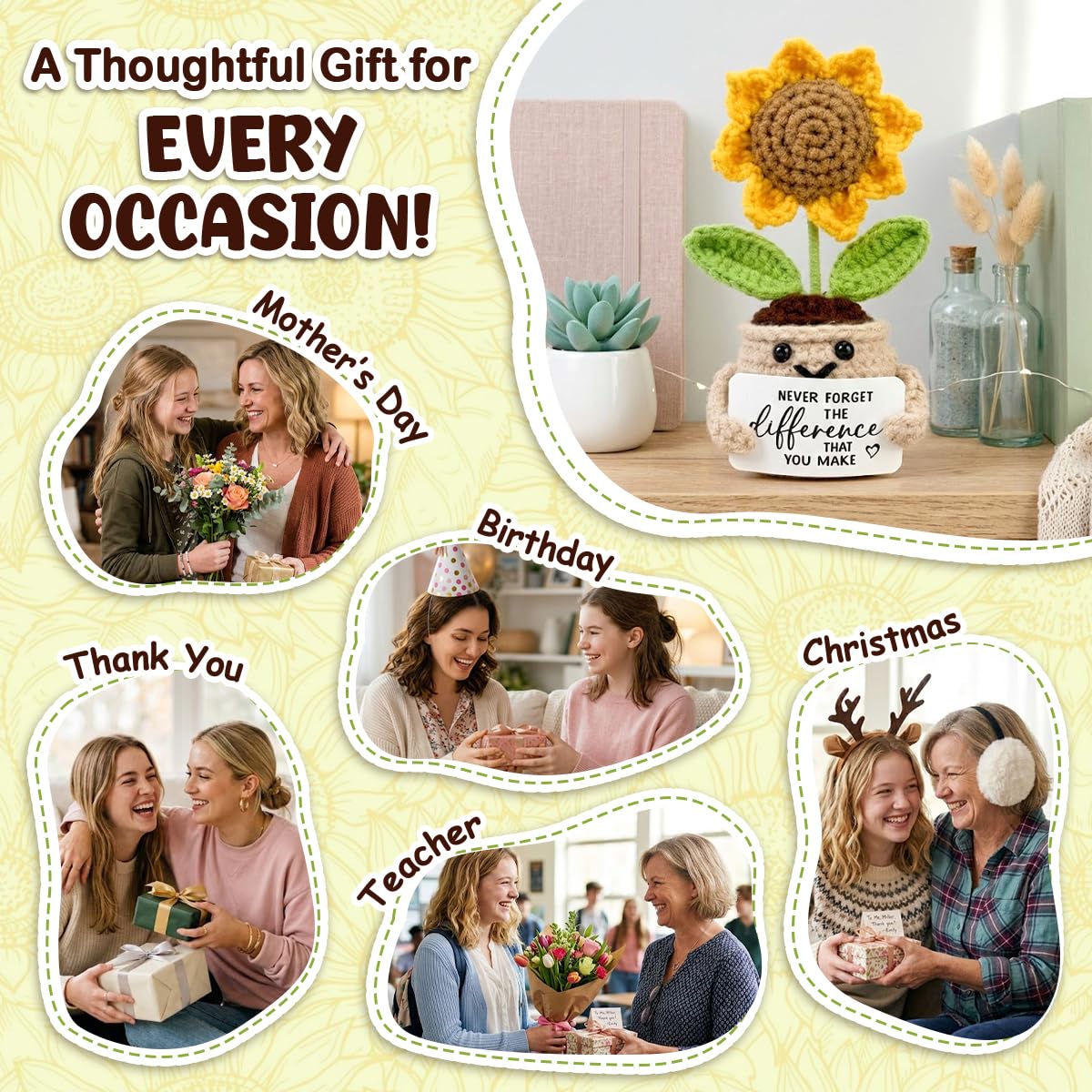 Tiny Detalles Birthday Gifts for Women - Mini Positive Crochet Sunflower, Unique Teacher Appreciation Gifts, Thank You Gifts for Women, Nurse, Friends, Coworker and Sunflower Decor