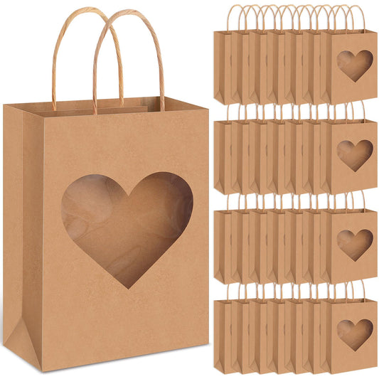 Eersida 24 Pcs Valentine's Day Gifts Bags with Heart Window Kraft Brown Paper Goodie Bag Bulk Holiday Candy Treat Wrapping with Handle for Galentines Wedding Birthday Party Supplies, 8.3"x5.9"x3.2"