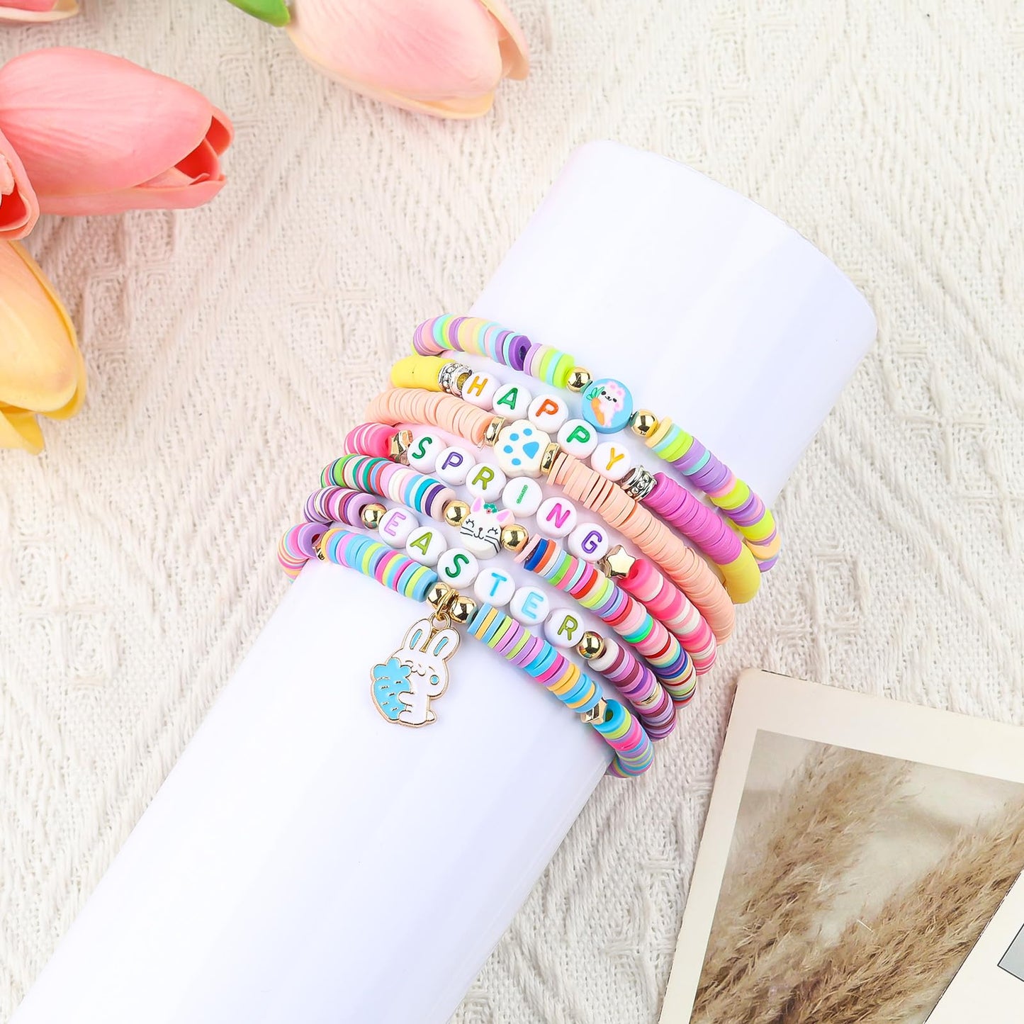 7Pcs Easter Bunny Basket Gifts Bracelet, Easter Gifts for Girls Women Stackable Boho Clay Party Elastic Stretch Bracelets
