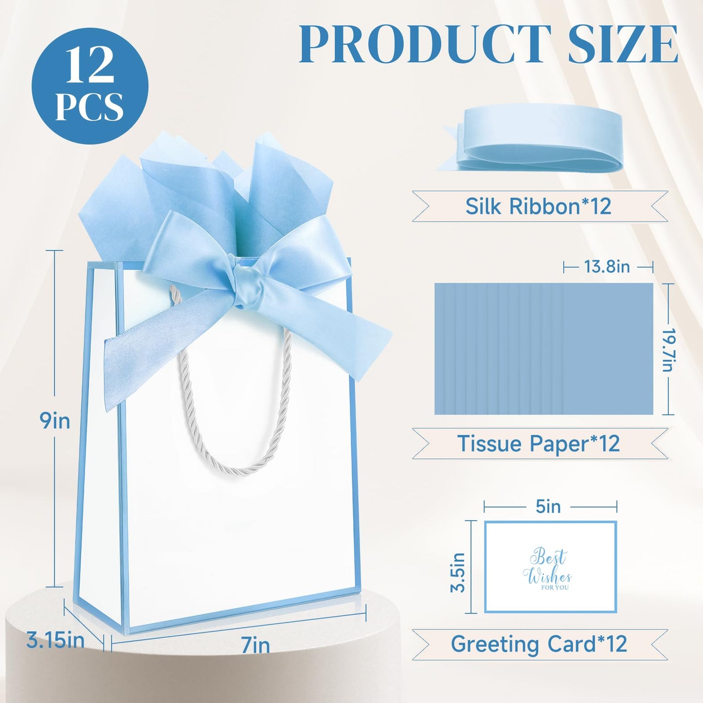 Ethhqu 12 Pack Small Gift Bags with Handles Include Tissue Papers & Cards, 9x7x3.15'' Thank You Gift Bags for Birthday, Baby Shower, Wedding, Bridesmaids, Anniversary, Mother’s Day (White and Blue)