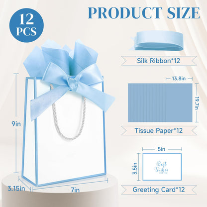 Ethhqu 12 Pack Small Gift Bags with Handles Include Tissue Papers & Cards, 9x7x3.15'' Thank You Gift Bags for Birthday, Baby Shower, Wedding, Bridesmaids, Anniversary, Mother’s Day (White and Blue)
