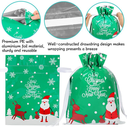 HRX Package 30pcs Foil Drawstring Christmas Gift Bags Assorted Sizes, Holiday Gift Wrapping Sacks Xmas Pouches for Presents