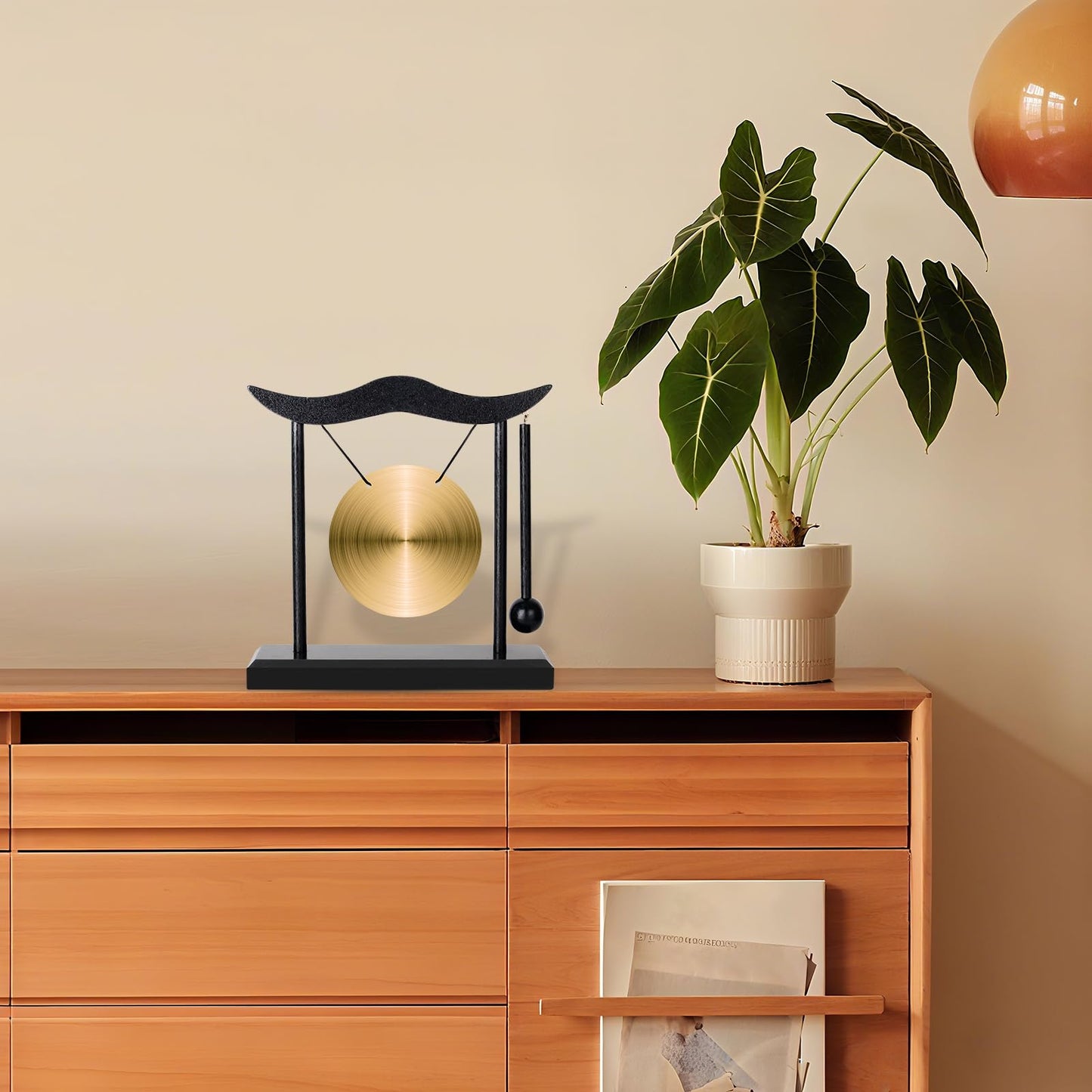Feng Shui Gong Decor, Zen Brass Desktop Decor, 6.4x6.3x2 Inch Mini Sound Healing Instrument for Home, Office, Party, Yoga, Gift