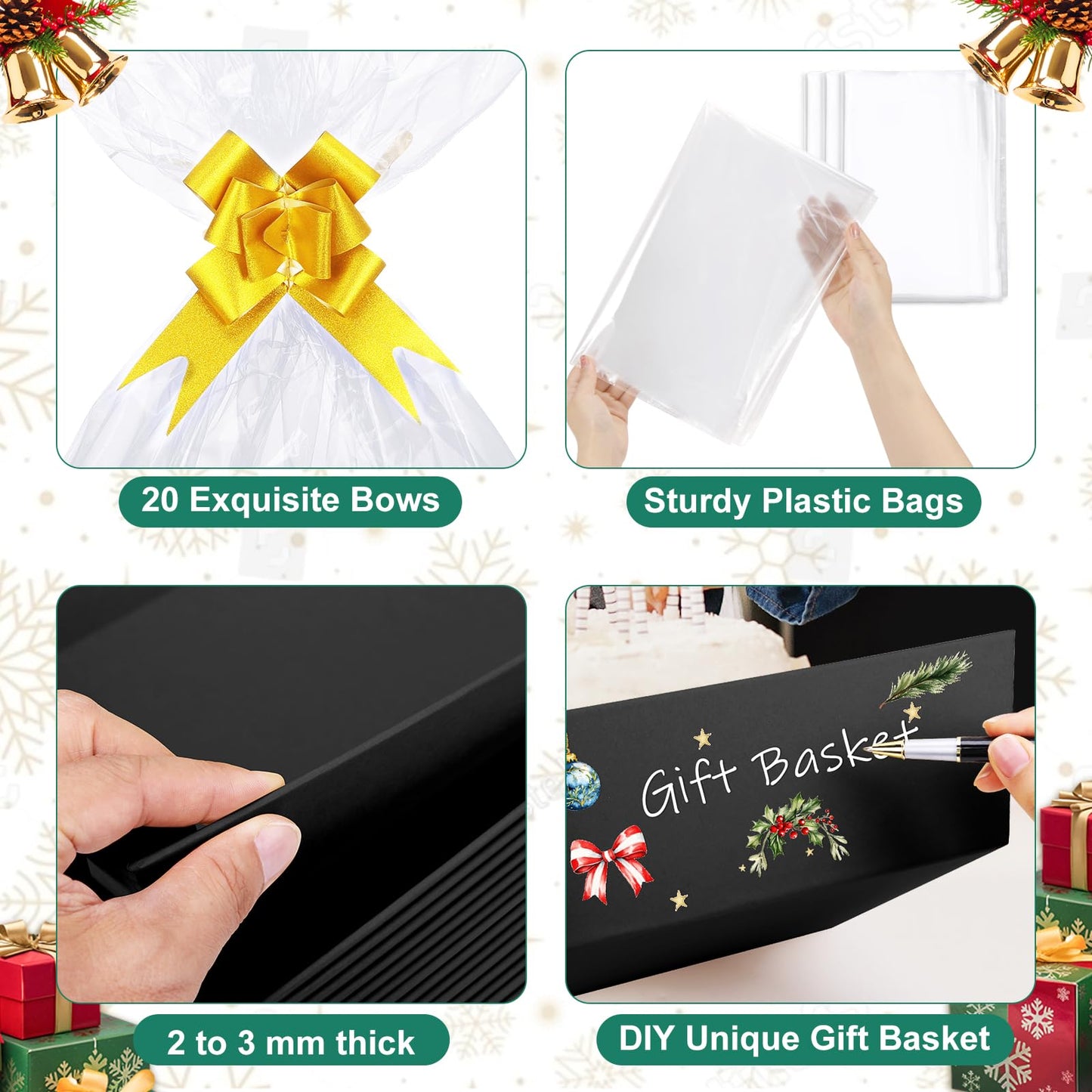 AFOROEOA 6PACK Black Baskets For Gifts Empty, 10x12”Thick Black Gift Basket with 6 Bows 6 Bags Empty Gift Baskets for Christmas Thanksgiving Wedding Birthday Party Wrapping Gift