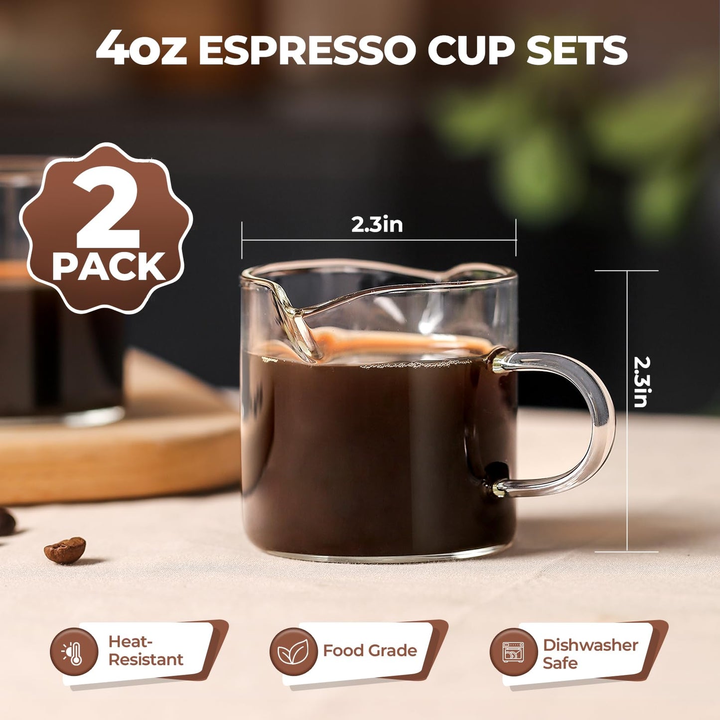 Espresso Cups Set of 2 - 4 Oz Espresso Shot Glass with Handle Double Spout Cups Clear Glass Milk Cup Espresso Accessories Great for Making Coffee Desserts Salad Dressings