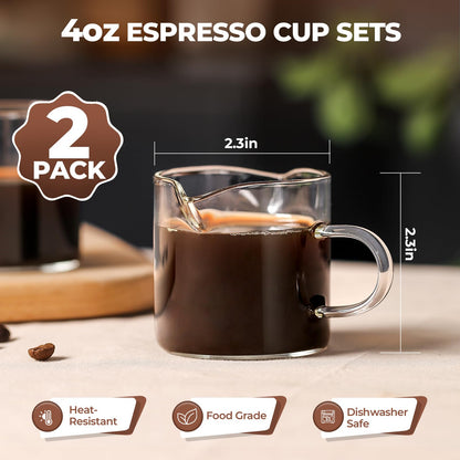 Espresso Cups Set of 2 - 4 Oz Espresso Shot Glass with Handle Double Spout Cups Clear Glass Milk Cup Espresso Accessories Great for Making Coffee Desserts Salad Dressings