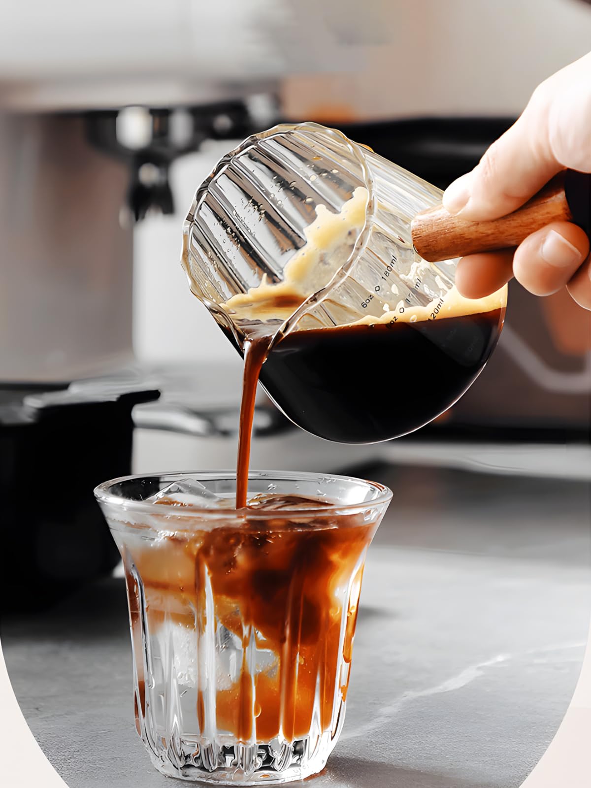 TIWPAJS Espresso Cups 6OZ, Espresso Accessories, Expresso Shots Cup, Espresso Shot Glass with V-Shaped Mouth, Ribbed Milk Frothing Pitcher, Glass Measuring Cup
