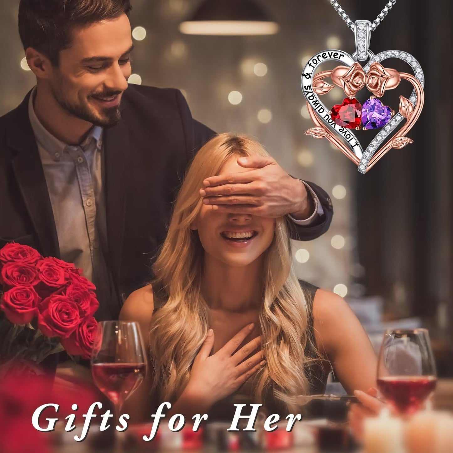 Iefil Mothers Day Gifts for Wife - Rose Heart Double Birthstone Necklace Gifts for Wife Girlfriend Her Women, Birthstone Jewelry Gemstone Birthday Gift for Mom Grandma Her Women