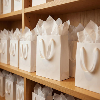JUNESHE 4 Sets Small White Gift Bags, 8 inch Tiny Little Paper Bag Matching Card Envelope Sticker Black Tissue Paper for Birthday Party Favors Baby Bridal Shower Shopping Presents Wedding Welcome