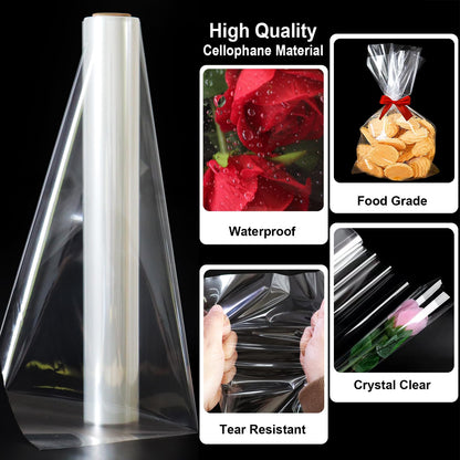 SYOGUA 100 ft Extra Wide Clear Cellophane Wrap Roll, 34" x 100', Thicker Transparent Paper for Gifts, Treats, Holidays, Christmas