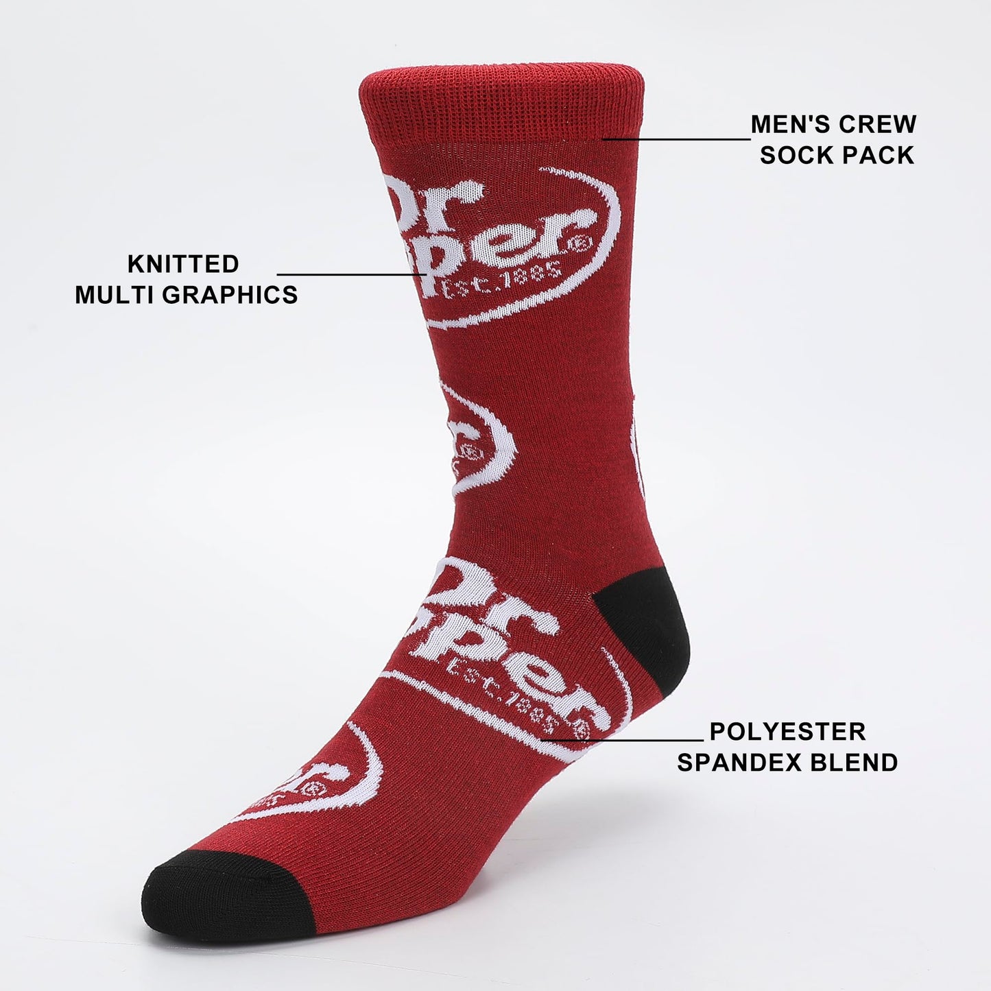 Bioworld Dr Pepper Variety Logos Men’s 5-Pair Pack Casual Crew Socks