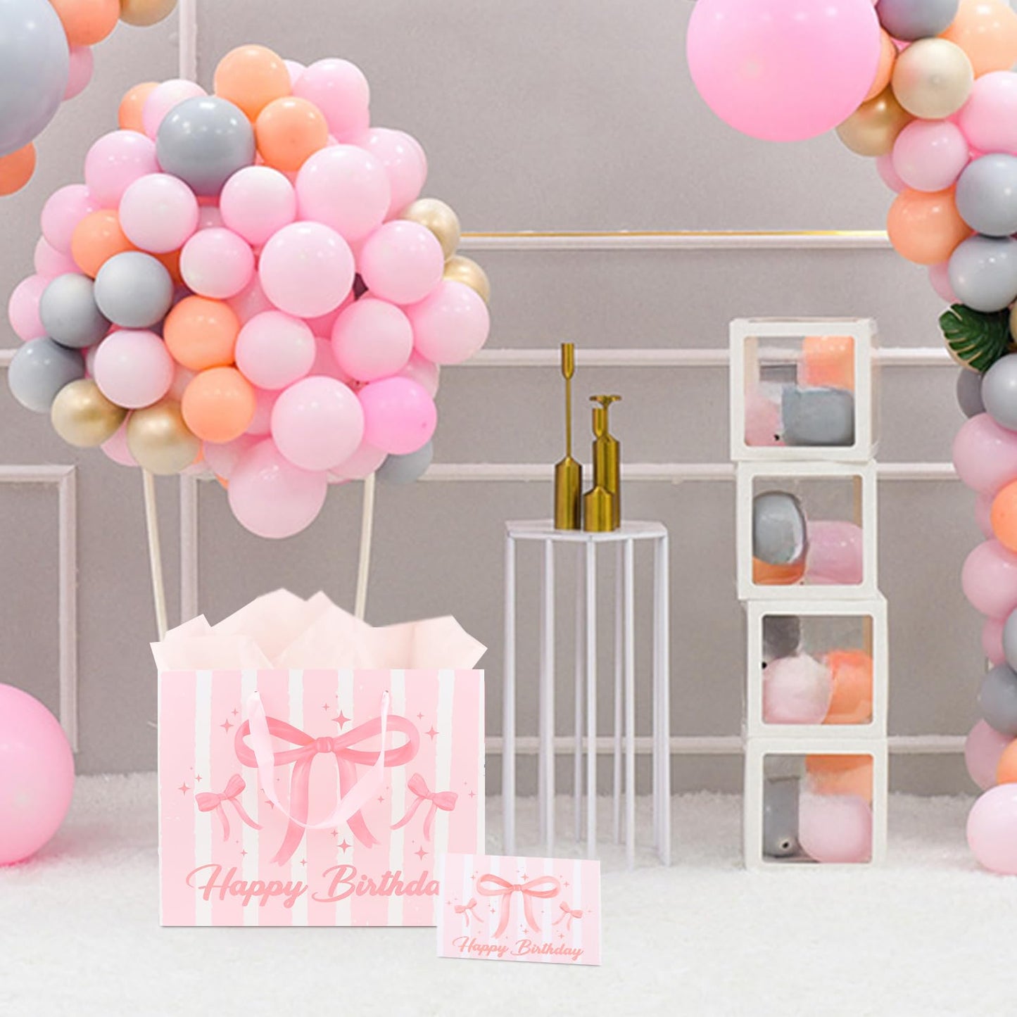 KEUKORZ Pink Birthday Gift Bag Set-Comes with Tissue Paper and Greeting Card, Large 13x10.3x5 Inch Bow Design Gift Wrapping Set, Perfect for Girls and Women