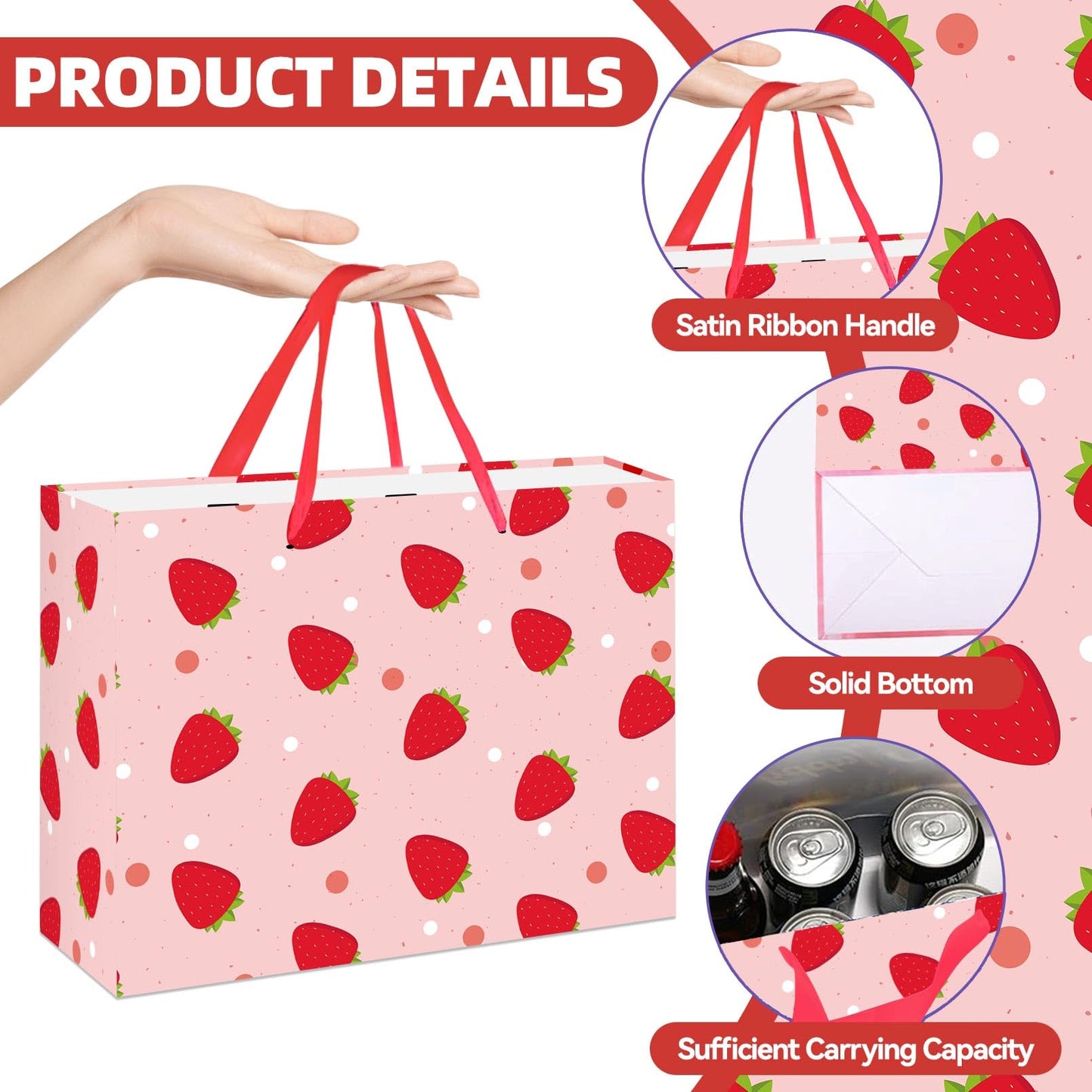 ONANNA Strawberry Gift Bag with Tissue Paper and Greeting Card, Cute Fruit Themed Gifts Wrapping Paper Bag for Birthday Baby Shower Mother's Day Spring Christams Party Favor Decorations Supplies