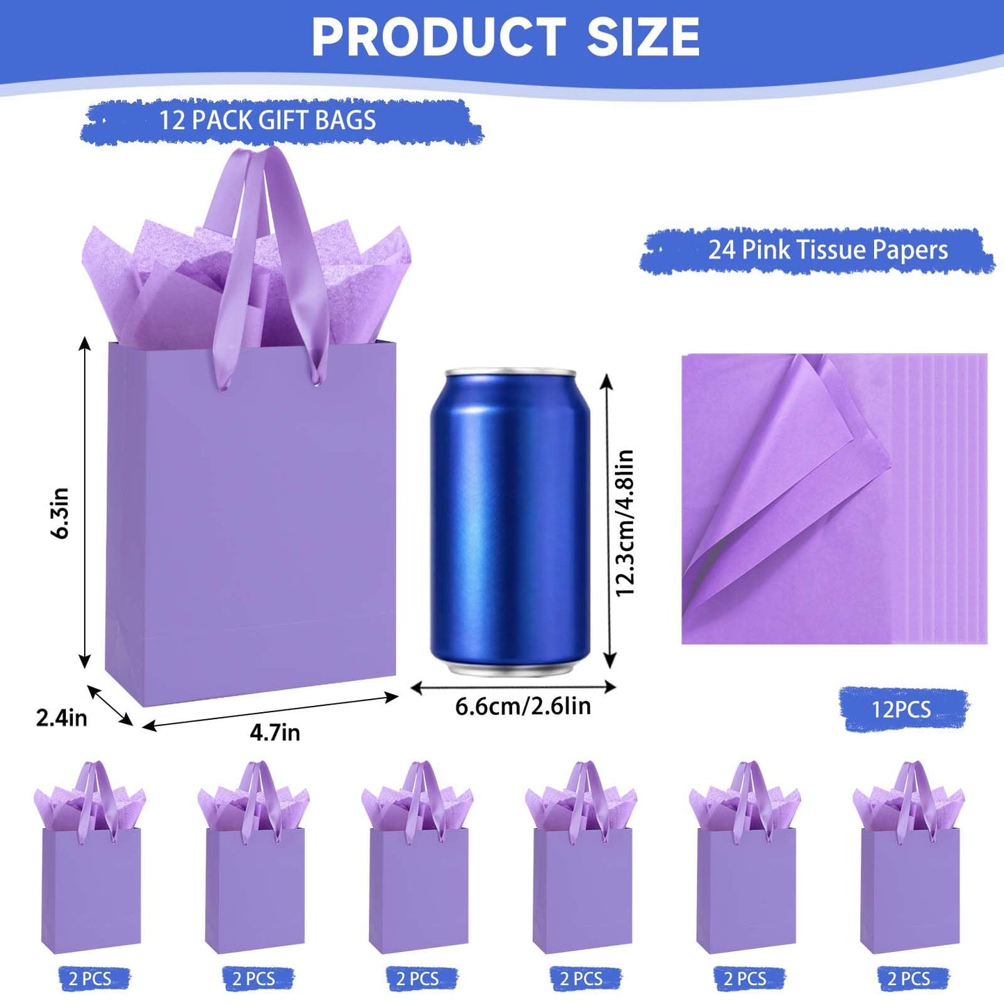 Ethhqu 12-Pack Small Purple Gift Bags with Handles - Includes 24 Tissue Papers, 6.3x4.7x2.4 Inches Mini Gift Card Bag for Birthday Party, Baby Shower, Wedding, Holiday