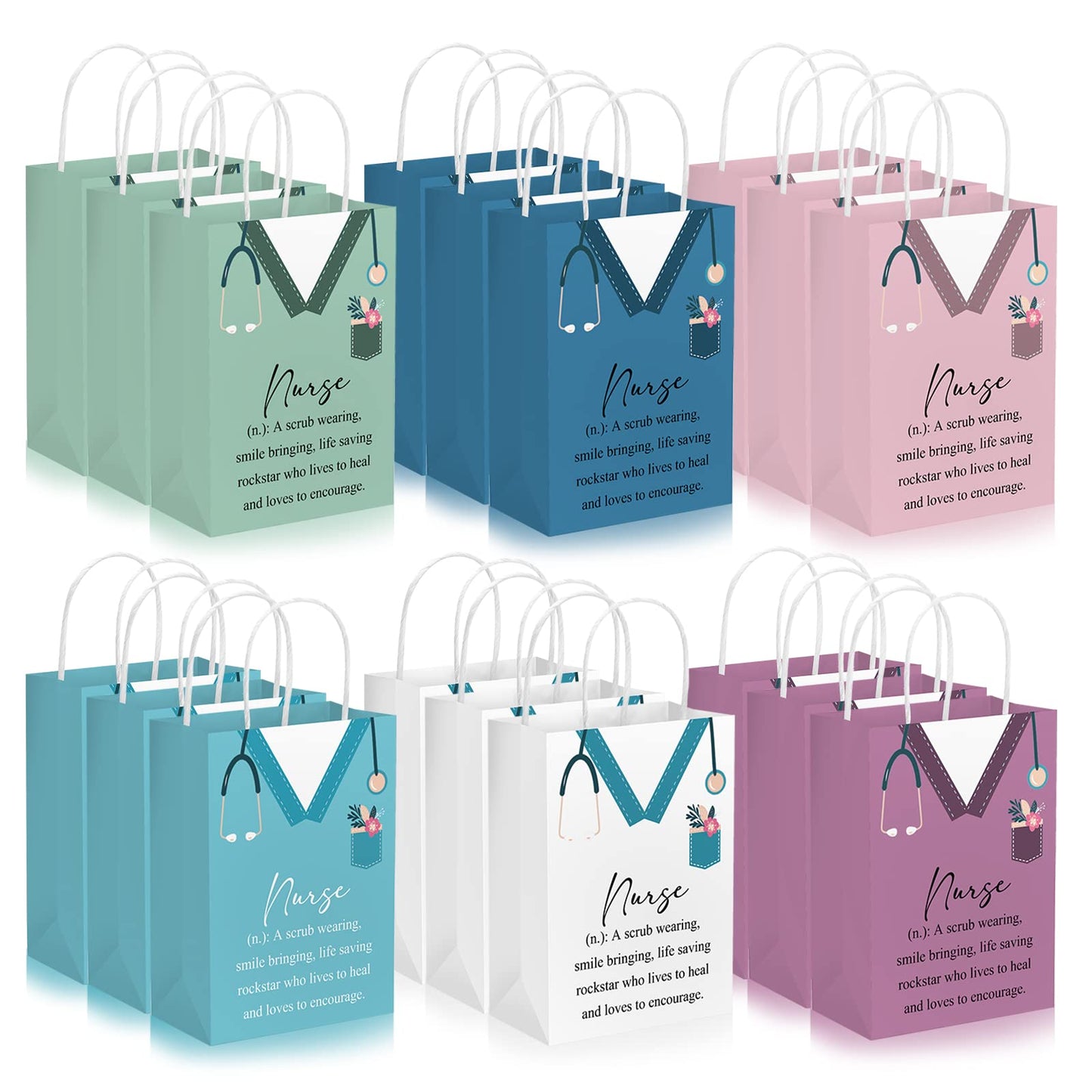 Woanger 50 Pieces Nurse Appreciation Gift Bag Bulk Nurse Week 2026 Gift Goodie Paper Bag with Handle Nursing Graduation Thank You Handbag for Lpn Assistant Cna Week Party Favor Supplies, 5 Colors