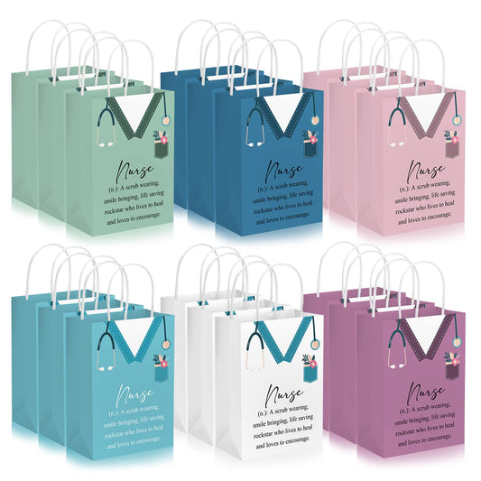 Woanger 50 Pieces Nurse Appreciation Gift Bag Bulk Nurse Week 2026 Gift Goodie Paper Bag with Handle Nursing Graduation Thank You Handbag for Lpn Assistant Cna Week Party Favor Supplies, 5 Colors