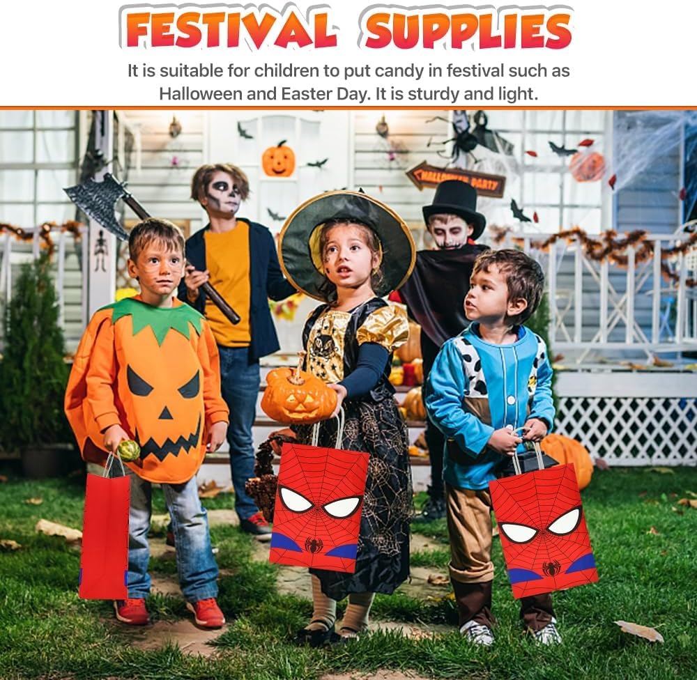 12 PCS of spidey-themed party gift bags. Made of kraft paper and equipped with handles, they are perfect for holding candies, snacks, etc. They are suitable for various festivals and birthday parties.