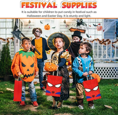 12 PCS of spidey-themed party gift bags. Made of kraft paper and equipped with handles, they are perfect for holding candies, snacks, etc. They are suitable for various festivals and birthday parties.
