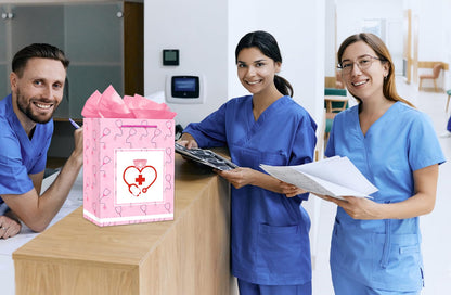 D4DREAM Nurse Graduation Gift Bag - 13" Large Pink Nurse Gift Bag with Tissue Paper for Women Doctor Nursing School Grads Medical School Graduates Perfect for Nurse Week Celebrations