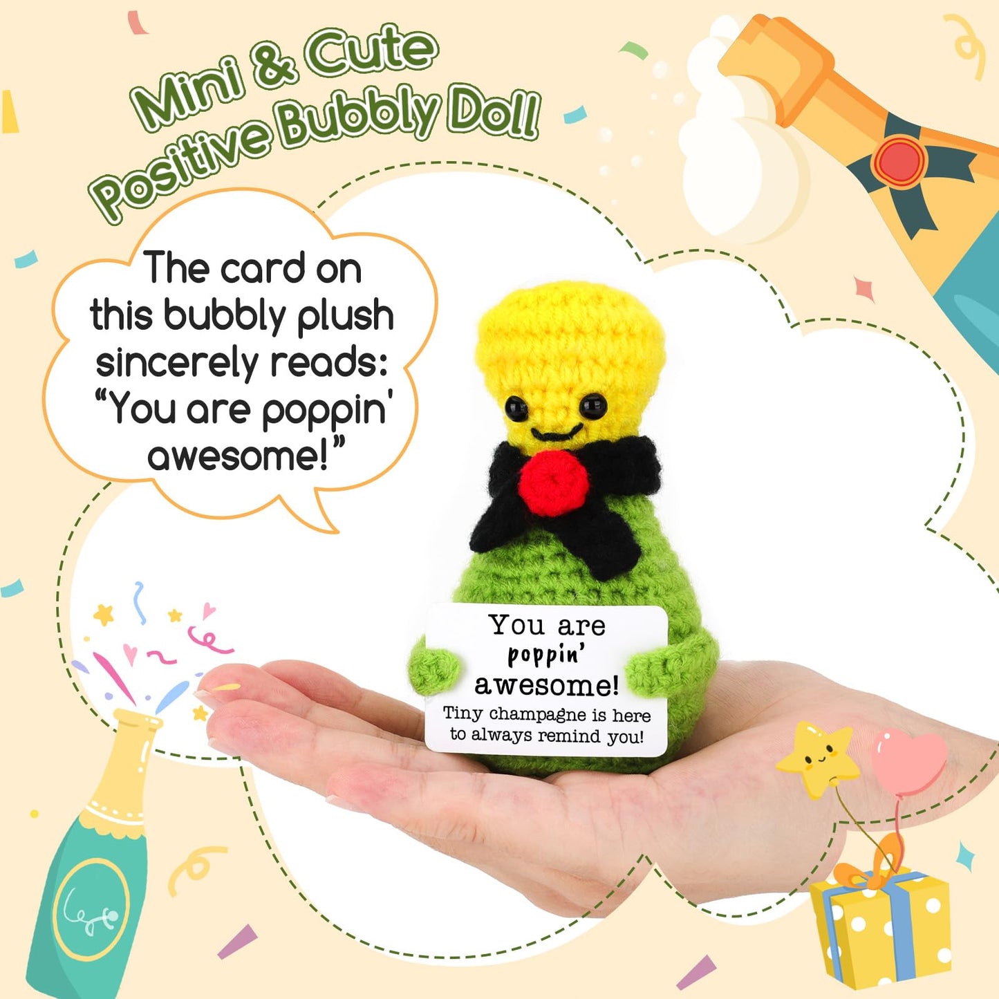 BiuNiuring Positive Handmade Crochet Champagne Birthday Gifts for Women Men, Mini Funny for Him Her,Inspirational Cute Small Stuff for Grandma Mom Dad Son Daughter Sister Friends Coworkers