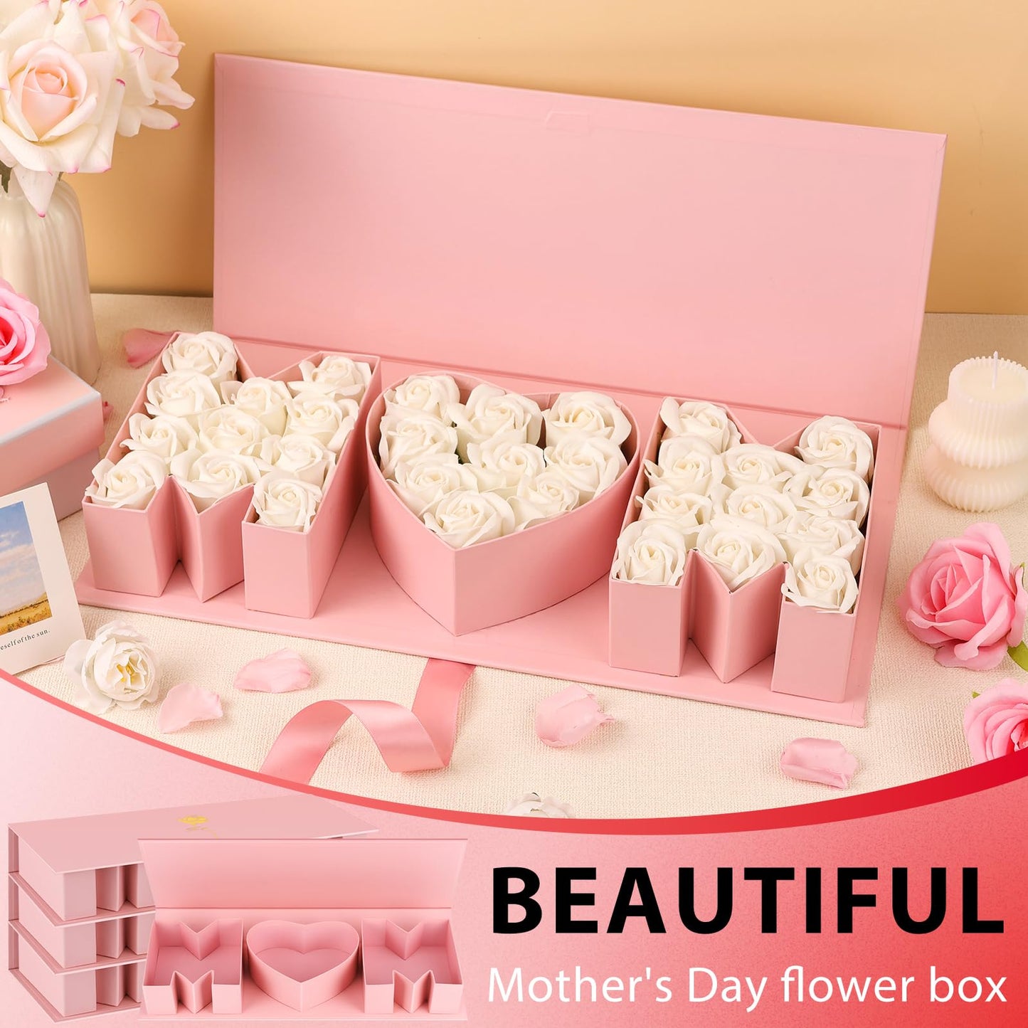 PYQTH 4 Pack Empty Flower Gift Box for Mom, Mothers Day Mom Box for Flowers Thicker Letter Shaped Gift Boxes Fillable Chocolate Candy Packaging Boxes for Mother's Day Birthday (Pink)
