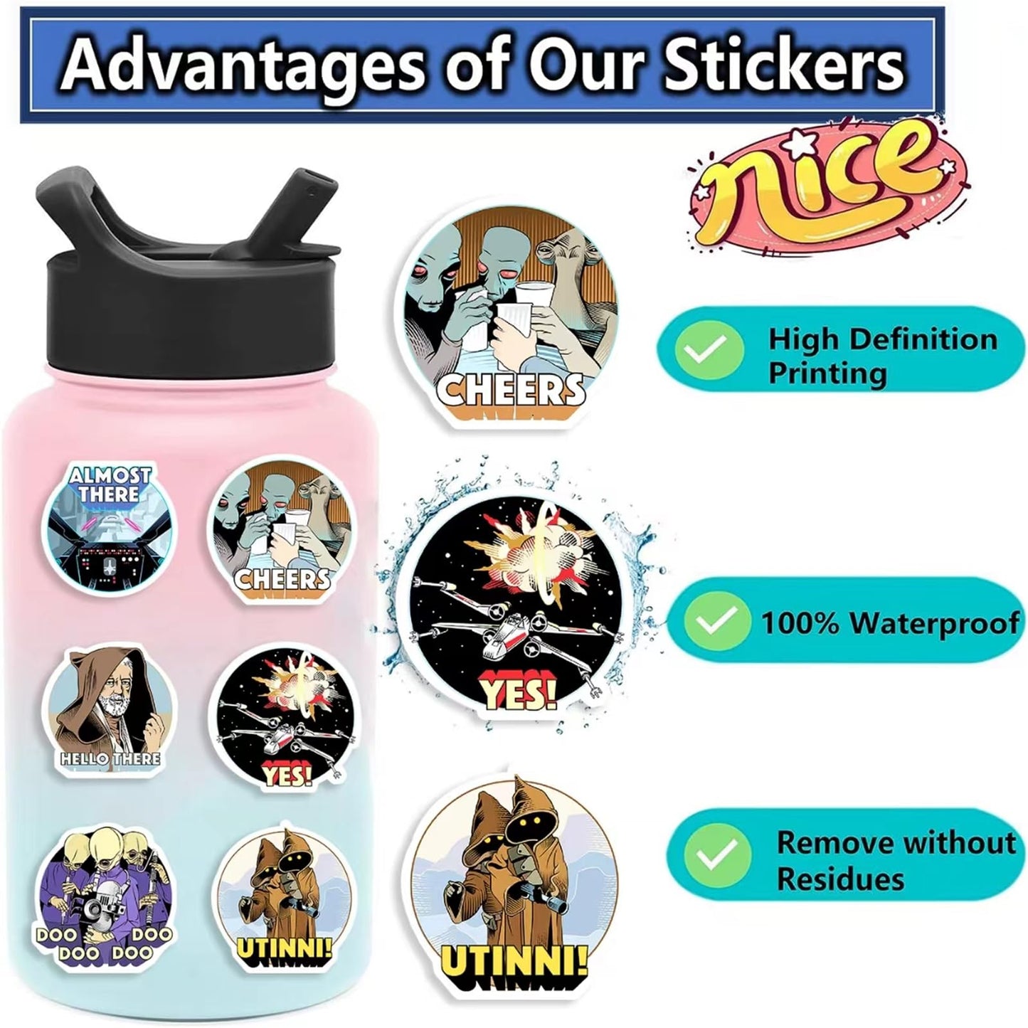 100PCS Star Wars Stickers Water Bottle Stickers Laptop Computer Bedroom Wardrobe Car Skateboard Motorcycle Bicycle Mobile Phone Luggage Guitar DIY Decal