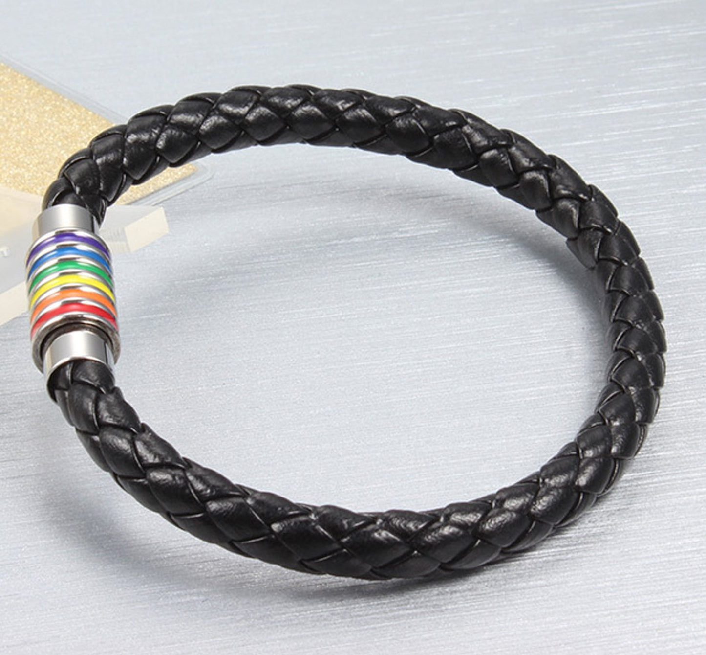 Nanafast Titanium Stainless Steel Rainbow LGBT Pride Bracelet Handmade Braided LGBTQ Pride Bracelets PU Leather Weave Plaited Wristband Jewelry