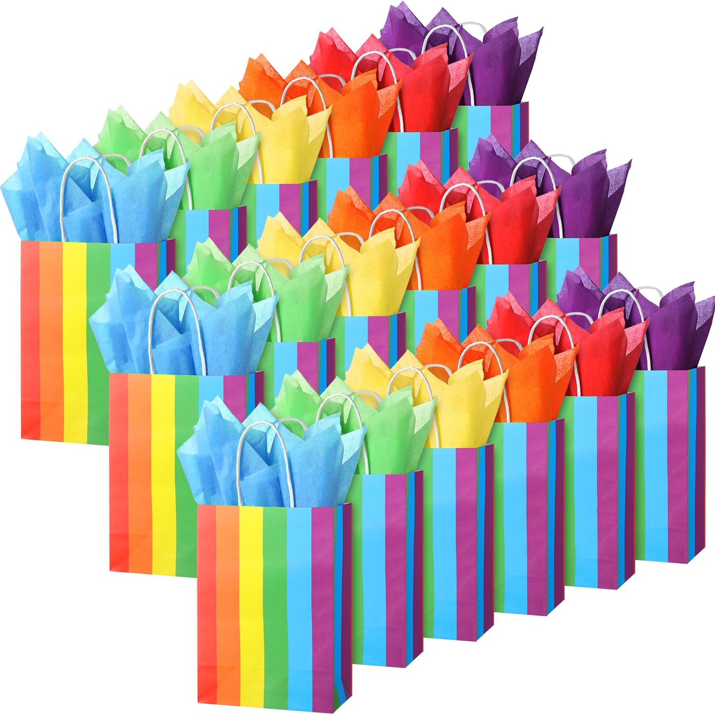 TaoBary 36 Pcs Rainbow Party Treat Bags Rainbow Gift Bags Colorful Stripes Kraft Paper with Handles and Colorful Tissue Paper for Gay Parade Festival Party Supplies
