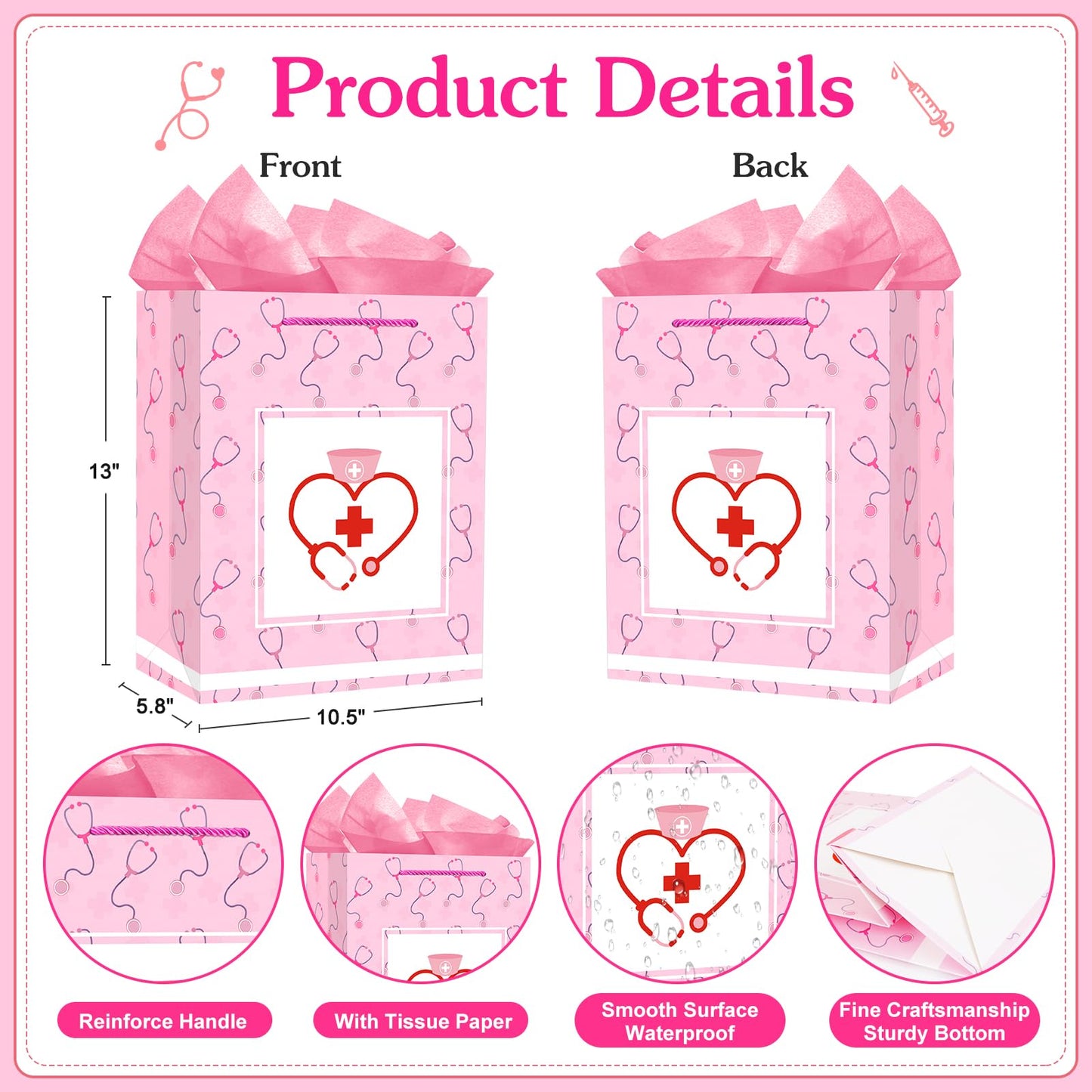 D4DREAM Nurse Graduation Gift Bag - 13" Large Pink Nurse Gift Bag with Tissue Paper for Women Doctor Nursing School Grads Medical School Graduates Perfect for Nurse Week Celebrations