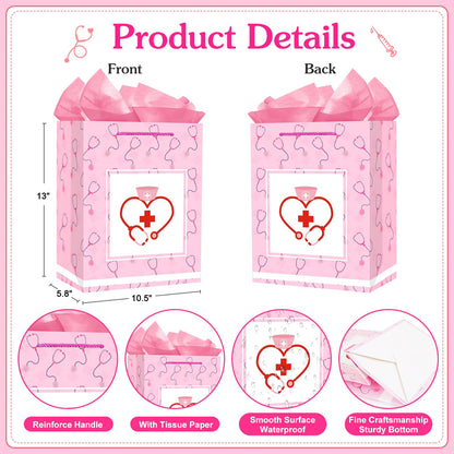 D4DREAM Nurse Graduation Gift Bag - 13" Large Pink Nurse Gift Bag with Tissue Paper for Women Doctor Nursing School Grads Medical School Graduates Perfect for Nurse Week Celebrations