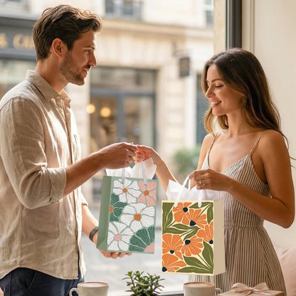 woric 10.6" Matisse Flowers Gift Bags with Tissue Paper, 4 Colors Medium Gift Bag with Greeting Cards for Mother's Day Birthdays Bridal Showers Weddings(10.6x7.87x4.7in)