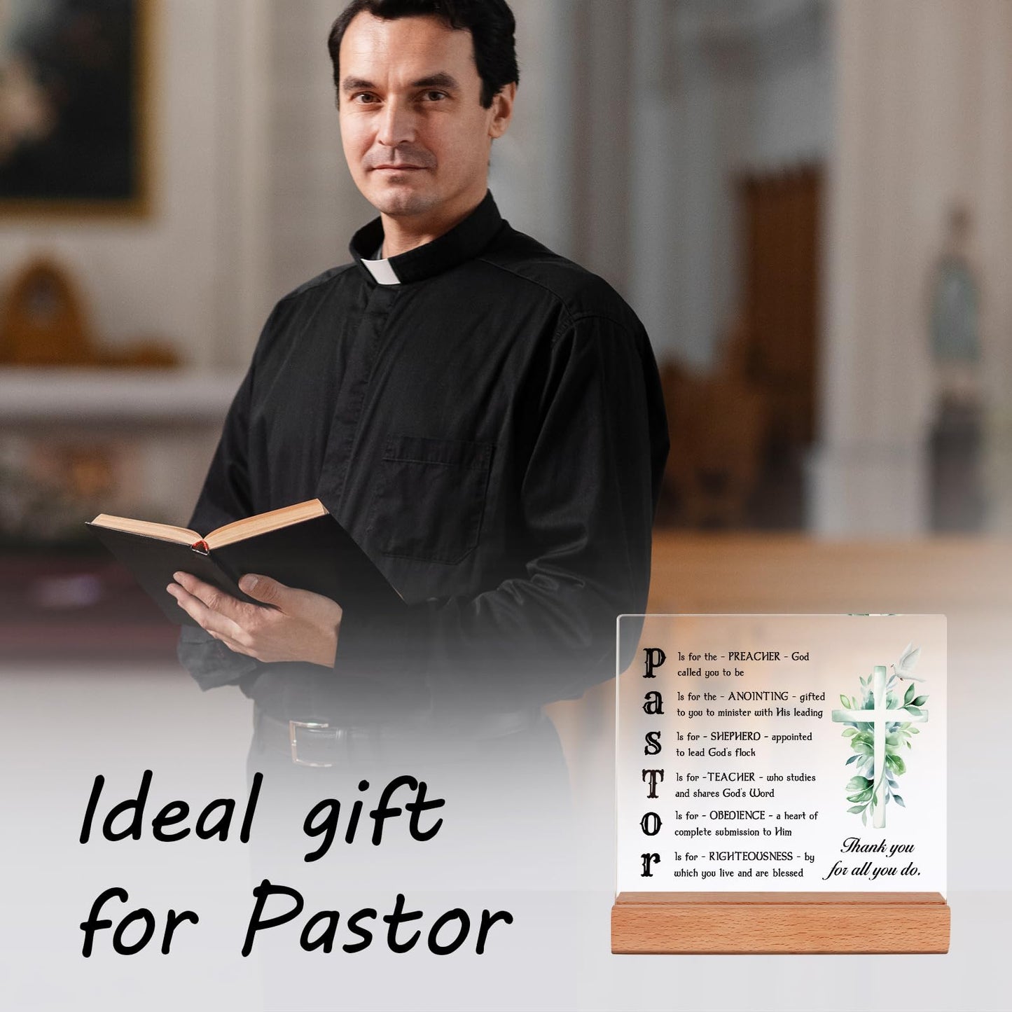 Afterprints Pastor Appreciation Gifts, Thank You Acrylic Plaque with Wooden Stand, Pastor Gifts for Men, Birthday Christian Gift for Preacher, Tabletop Sign Decoration