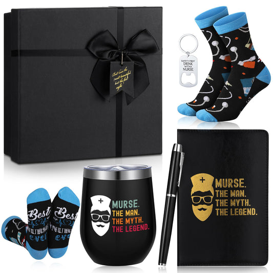 Reallnaive 6 Pcs Nurse Gifts for Men Nurse Week Appreciation Gifts 12 oz Stainless Steel Cup Socks Keychain Pen Notebook Box for Male Rn Cna Lpn Rg Practitioner Medical Assistant Nursing