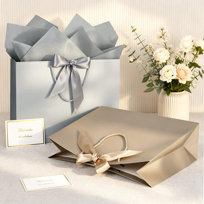JMANNI Gift Bags with Handles, 13” Medium Gift Bag for Presents, 1 Pcs Bags with 2 Tissue Paper and 1 Cards for Graduation Baby Shower Wedding Fathers Day Mother's Day Birthday Party（champagne gold）