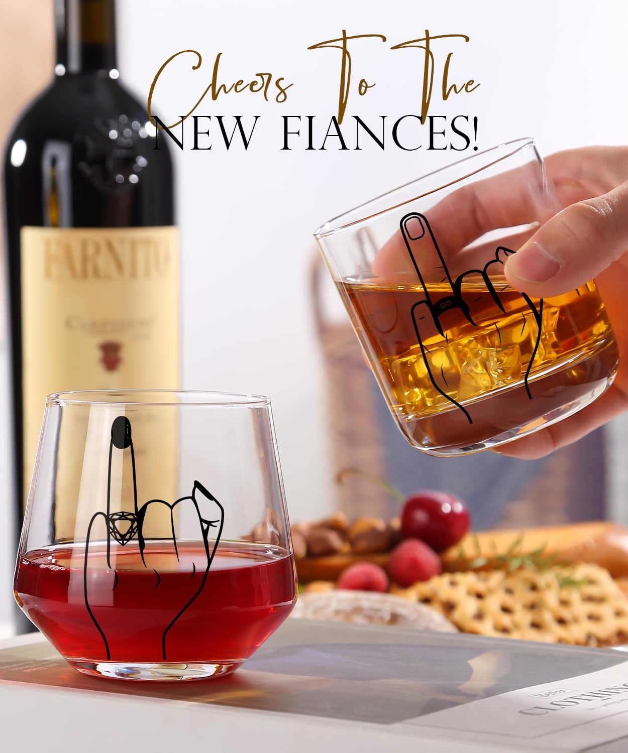 comfit Engagement Gifts for Couple, Ring Finger Wine&Whiskey Glass Set,Bride and Groom Just Married Gift, Mr and Mrs Newlyweds Bridal Shower,Valentine's Day Gift,Wedding Gifts for Couples 2026