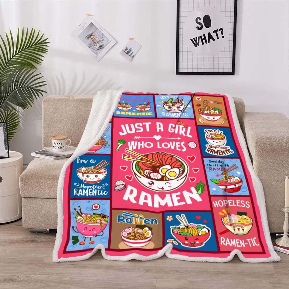 Ramen Throw Blanket Just A Girl Who Loves Ramen Blanket Ramen Soup Throw Blanket Ramen Boba Blanket Gift for Girls Loves Noodles Super Soft Lightweight Blankets 50" x 60"
