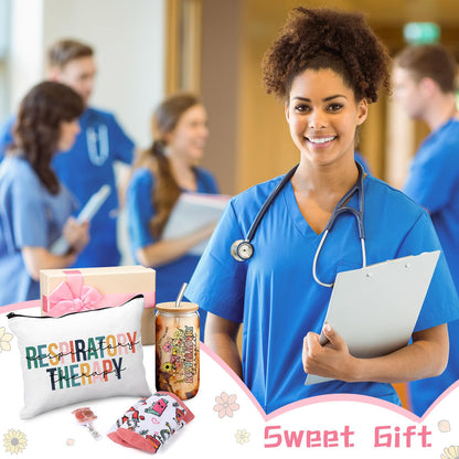 Skylety 5 Pcs Respiratory Therapist Gifts Set 16oz Glass Cup Socks Cosmetic Bag RT Badge Reel Thank You RT Appreciation Gift Box for Women Respiratory Therapist accessories Nurse Doctor Gift