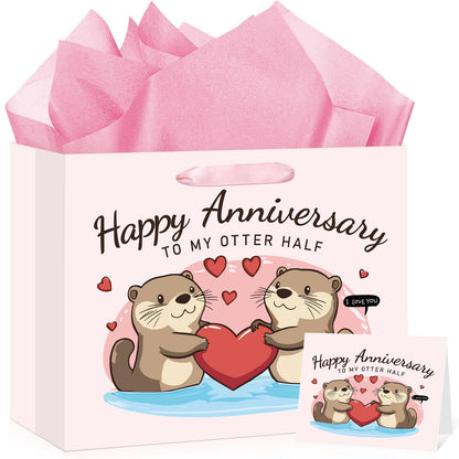 Anniversary Party Gift Bag Pink Wedding Gift Wrap Bag with Happy Anniversary Card and Wrapping Paper Cute Otter Couple Paper Bag for Him Her Women Men Valentine Anniversary Party Decorations Supplies