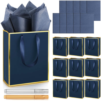 Yeaqee 10 Pack Metallic Paper Gift Bags with Handle Tissue Paper Thank You 5 Senses Gift Bag for Birthday Wedding Baby Shower Groomsmen Bridal Graduation Party Favor 9 x 7 x 3.15''(Navy Blue, Gold)