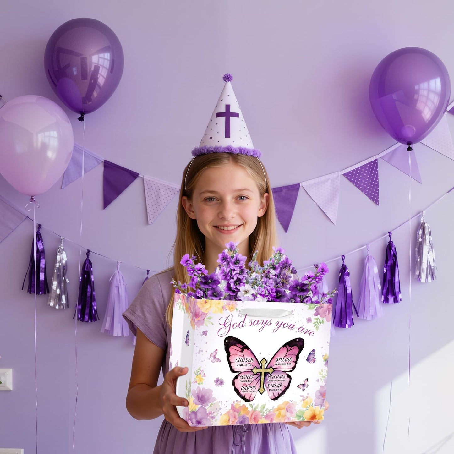 Butterfly Christian Baptism Gift Bag for Girls Women Purple Floral Religious Communion Gift Bags Wrapping Paper Card Flower Butterfly Cross Christening Confirmation Favor Bag Bible Verse Birthday Baby Shower Party Supplies Decor