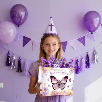 Butterfly Christian Baptism Gift Bag for Girls Women Purple Floral Religious Communion Gift Bags Wrapping Paper Card Flower Butterfly Cross Christening Confirmation Favor Bag Bible Verse Birthday Baby Shower Party Supplies Decor