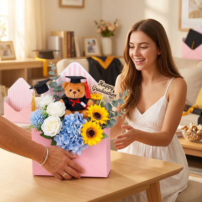 Outus 20 Pcs Floral Envelope Boxes for Graduation Empty Paper Flower Bouquet Envelop Paper Boxes Pink Black Stripe Florist Flower Bags for Gift Packaging Birthday Wedding Party