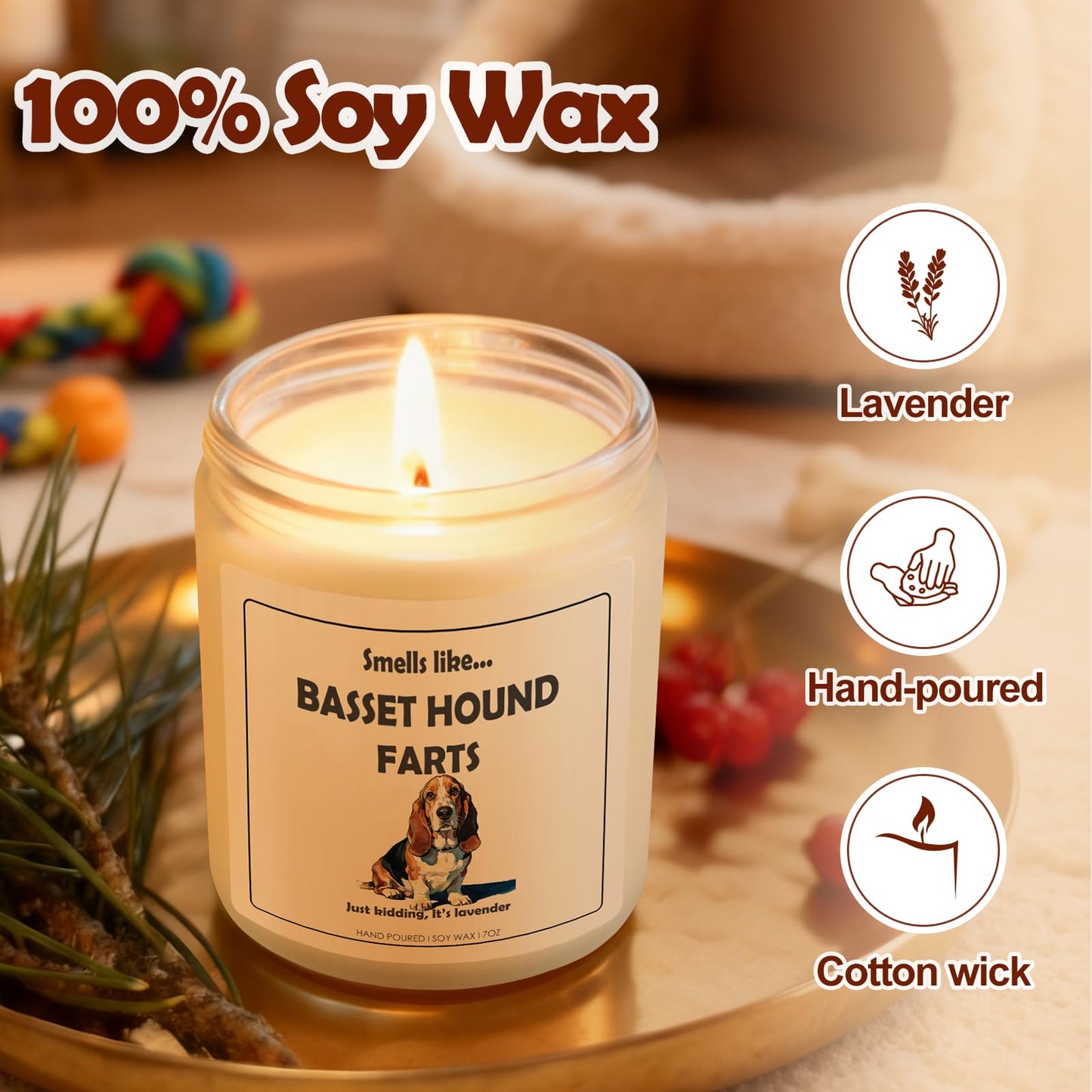 Basset Hound Gifts & Decor, Bassett Hound Gifts for Women, Dog Farts Candle | Lavender Scent, Handcrafted with Natural Soy Wax
